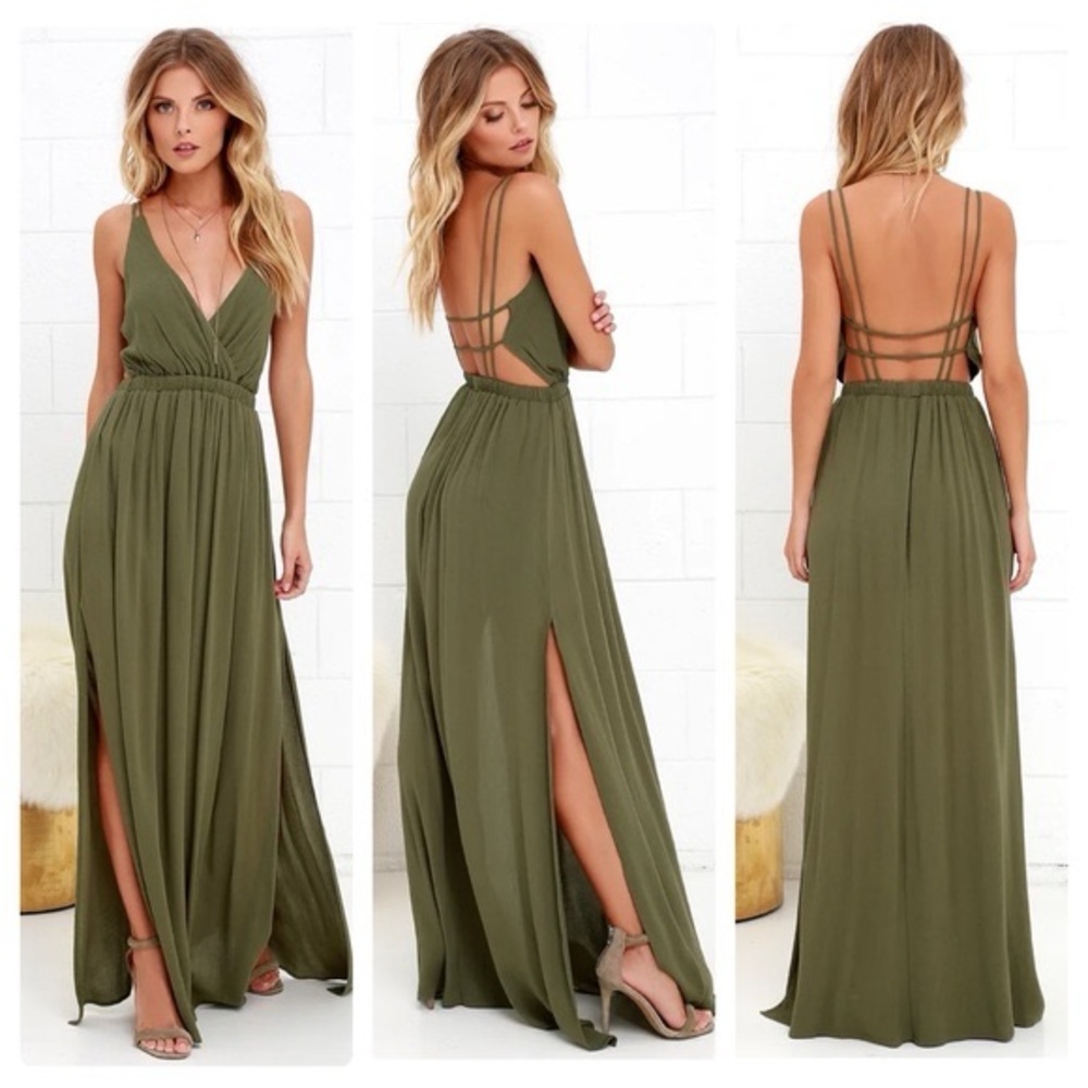 Olive Green Strappy Maxi Dress with Side Slit